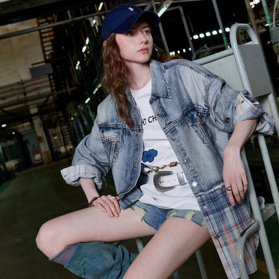 Jaqueta Jeans Feminina Xadrez de Liocel e Algodão