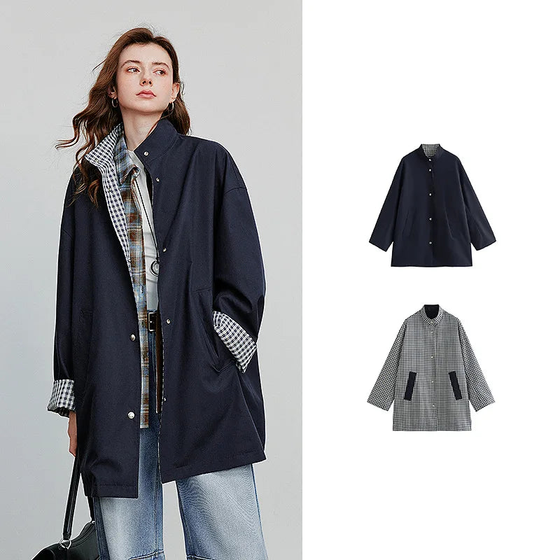 Trench Coat Feminino Midi de Liocel e Algodão Navy