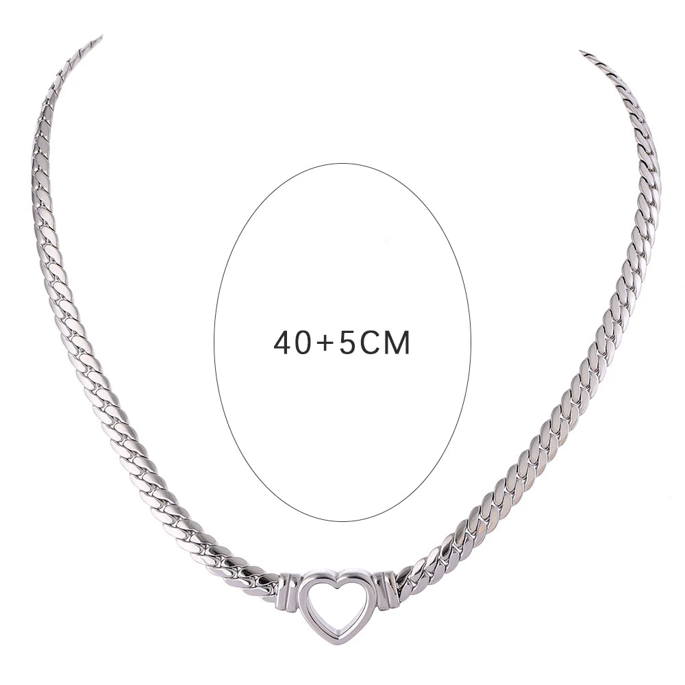 Yhpup Heart Chain Necklace Stainless Steel for Women Fashion Metal Texture Flat Collar Waterproof Necklace Girlfriend Gift YH1406A Steel Collar