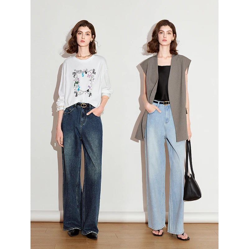 Calça Jeans Feminina Wide Leg Estonada Cintura Baixa