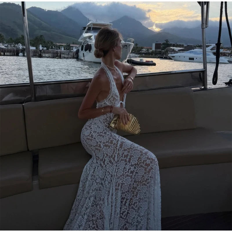 Women's Elegant Lace Up Flared Sleeve Long Dress Fashion Hollow Out Off Shoulder Bodycon Vestidos 2024 Lady New Beach Partywear