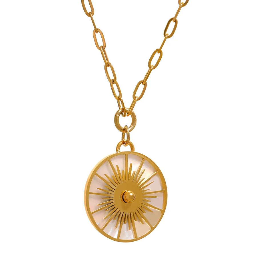 Yhpup Big Round Geometric Short Chain Statement Necklace Stainless Steel Golden Shell Fashion Vintage Pendant Collier PVD-Plated YH151A