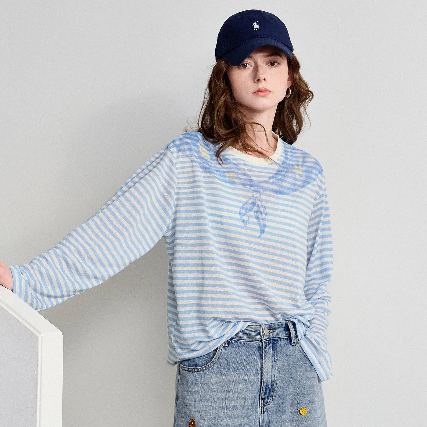Blusa Feminina de Liocel Oversized Estilo Náutico