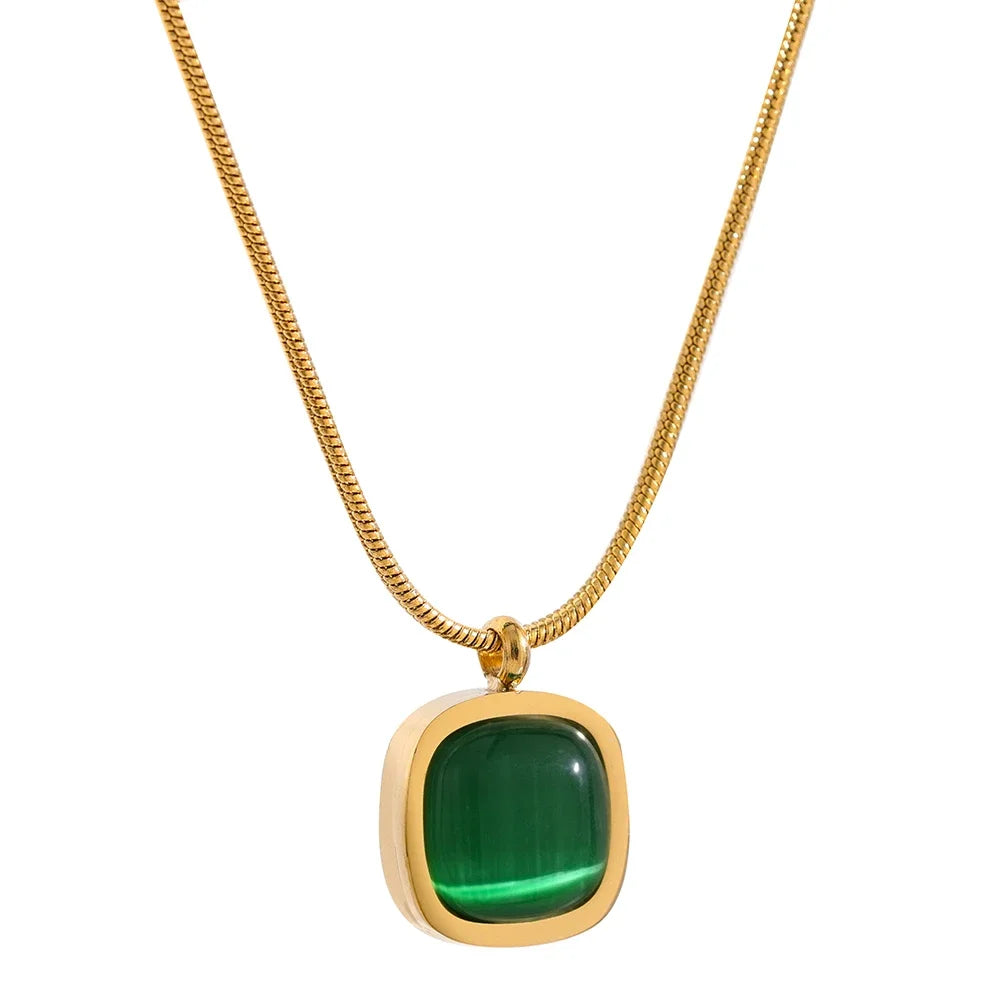 Yhpup Square Green Opal Stone Pendant Drop Dangle Necklace for Women Charm Jewelry Minimalist Geometric Stainless Steel Necklace YH111A Green