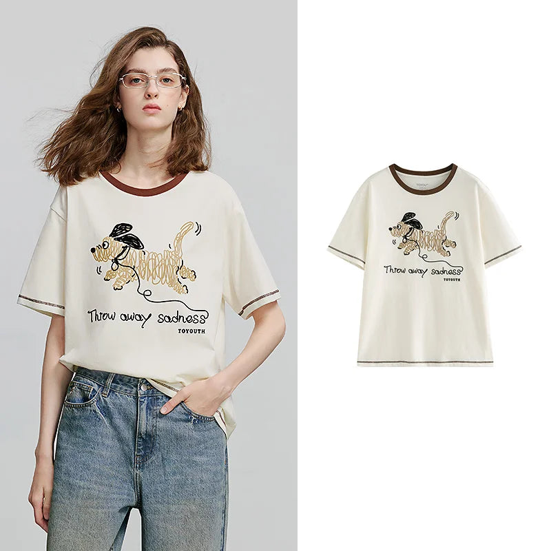 Camiseta Feminina 100% Algodão com Estampa Cachorro Cartoon
