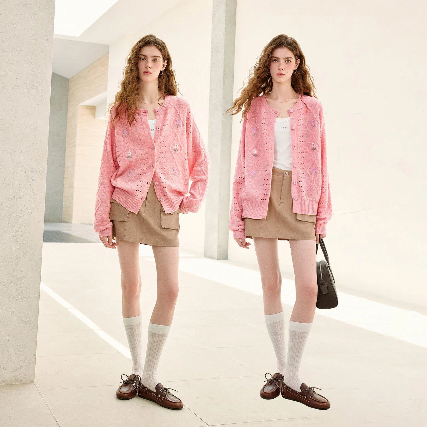 Cardigan Feminino Rosa com Bordado e Efeito Mohair