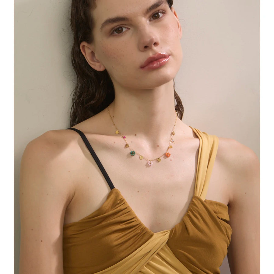 Colar Feminino Flor com Cristal em Aço Inoxidável