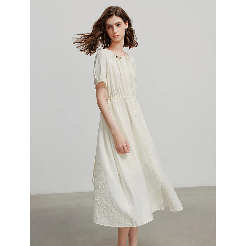 Vestido Midi Solto em Viscose com Manga Pétala