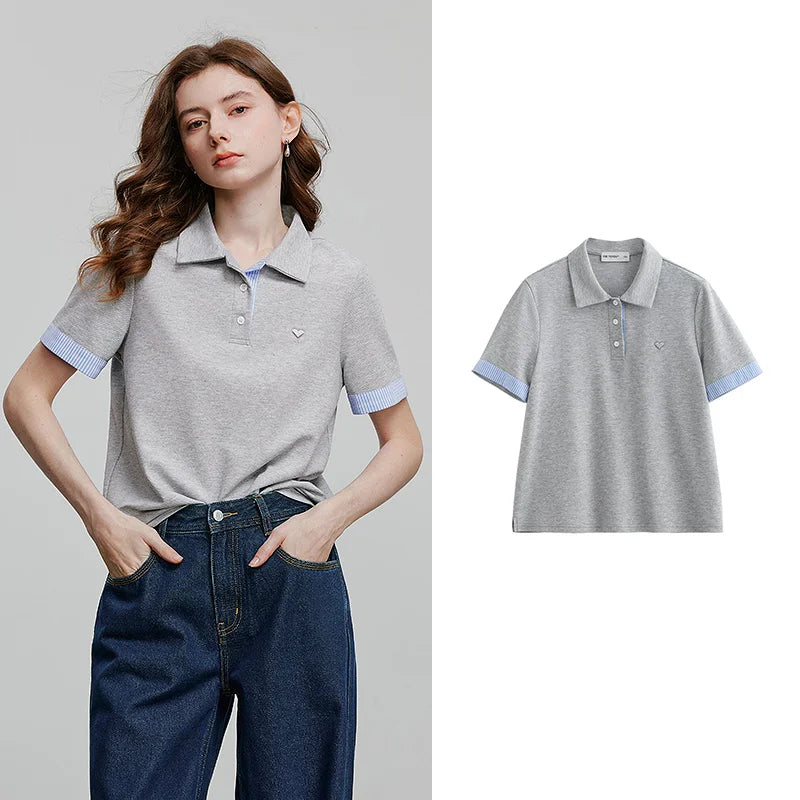Camiseta Polo Feminina Listrada Color Block em Piquet