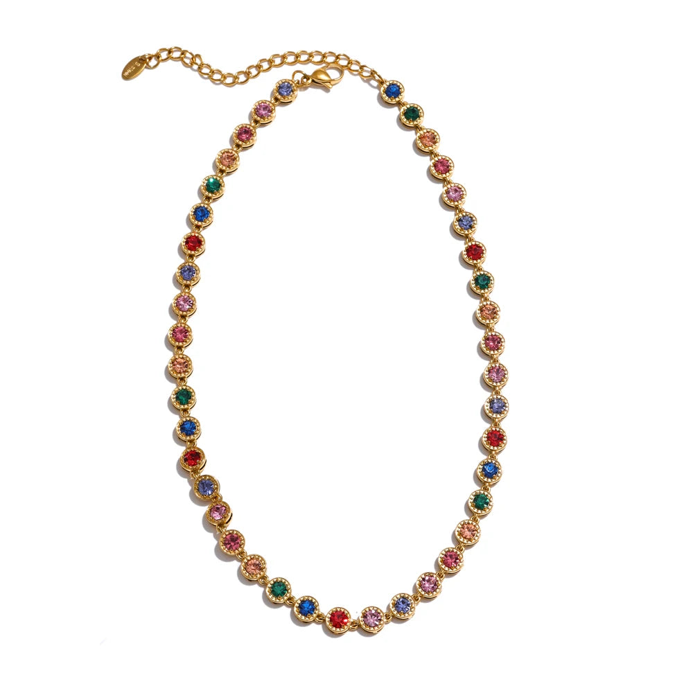 Yhpup Popular Shiny Cubic Zirconia Chain Luxury Necklace Bracelet Bangle Gold Color Platinum Plated Temperament Jewelry New G-Colorful Necklace
