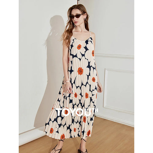 Vestido Midi Estampado de Alças com Pregas