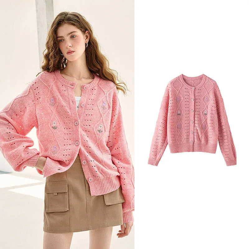 Cardigan Feminino Rosa com Bordado e Efeito Mohair