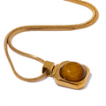 Yhpup High Quality Natural Tiger Stone Square Pendant Necklace Rust Proof Gold Color Fashion Collar Versatile Jewelry Gift YH3170A