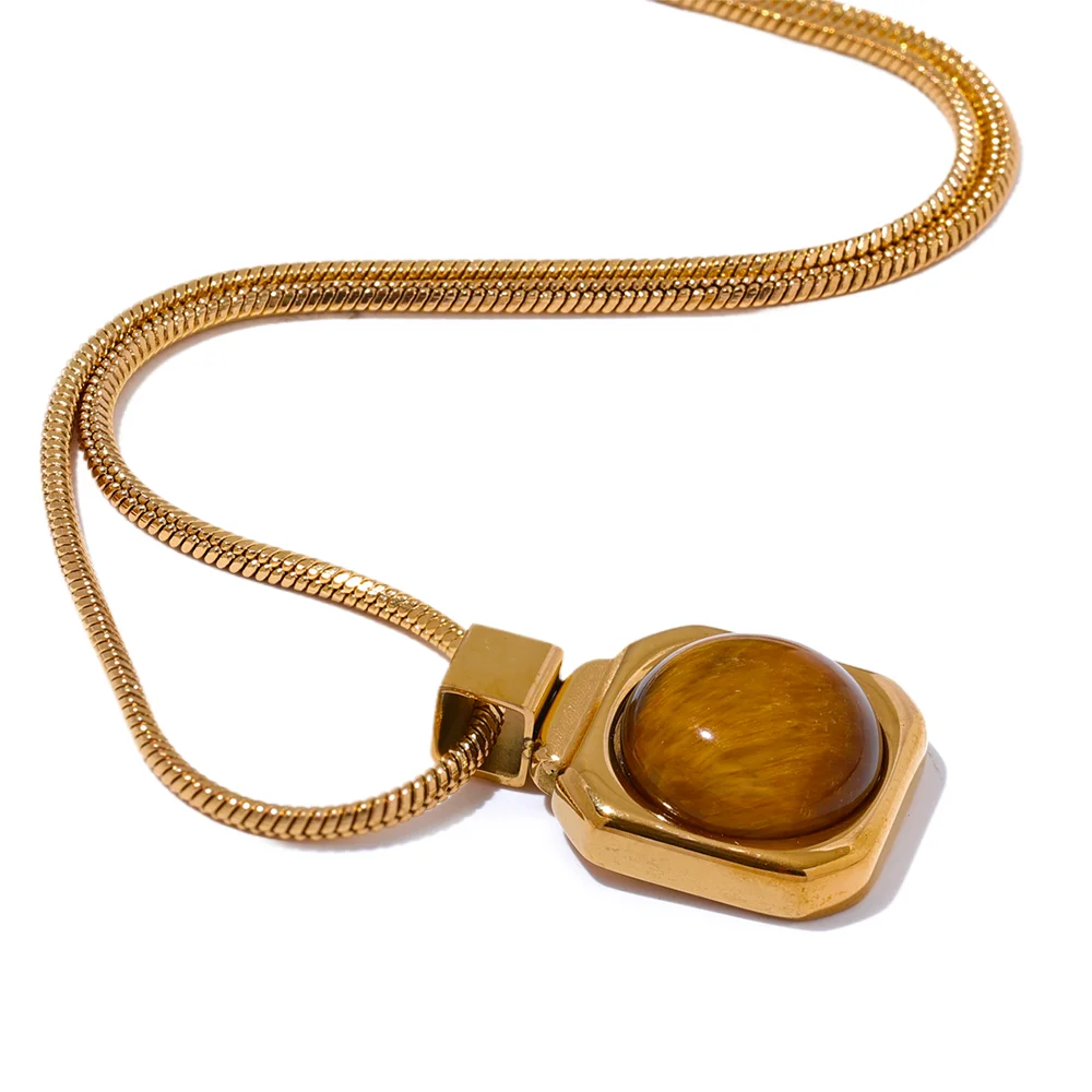 Yhpup High Quality Natural Tiger Stone Square Pendant Necklace Rust Proof Gold Color Fashion Collar Versatile Jewelry Gift YH3170A