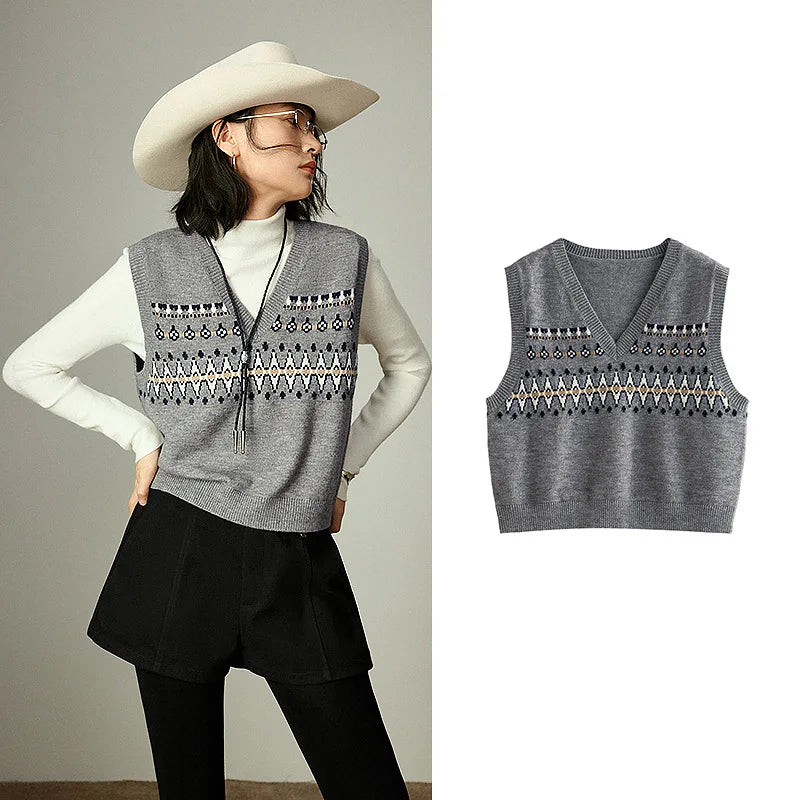 Colete de Tricô Fair Isle com Poás e Decote V