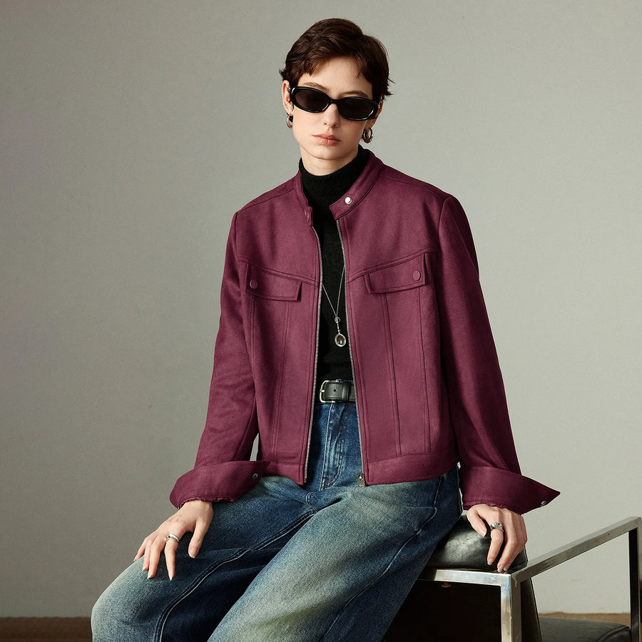 Jaqueta Feminina de Suede Azul Claro com Gola Alta