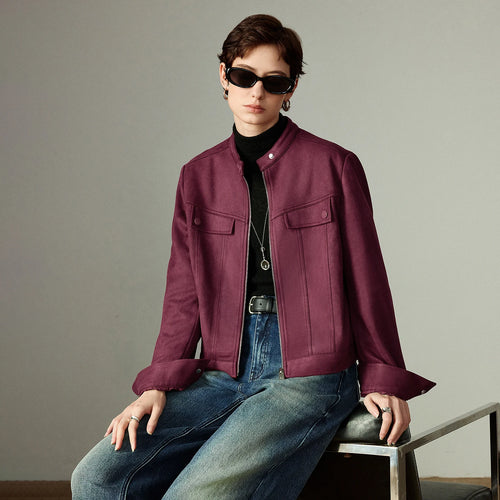 Jaqueta Feminina de Suede Azul Claro com Gola Alta