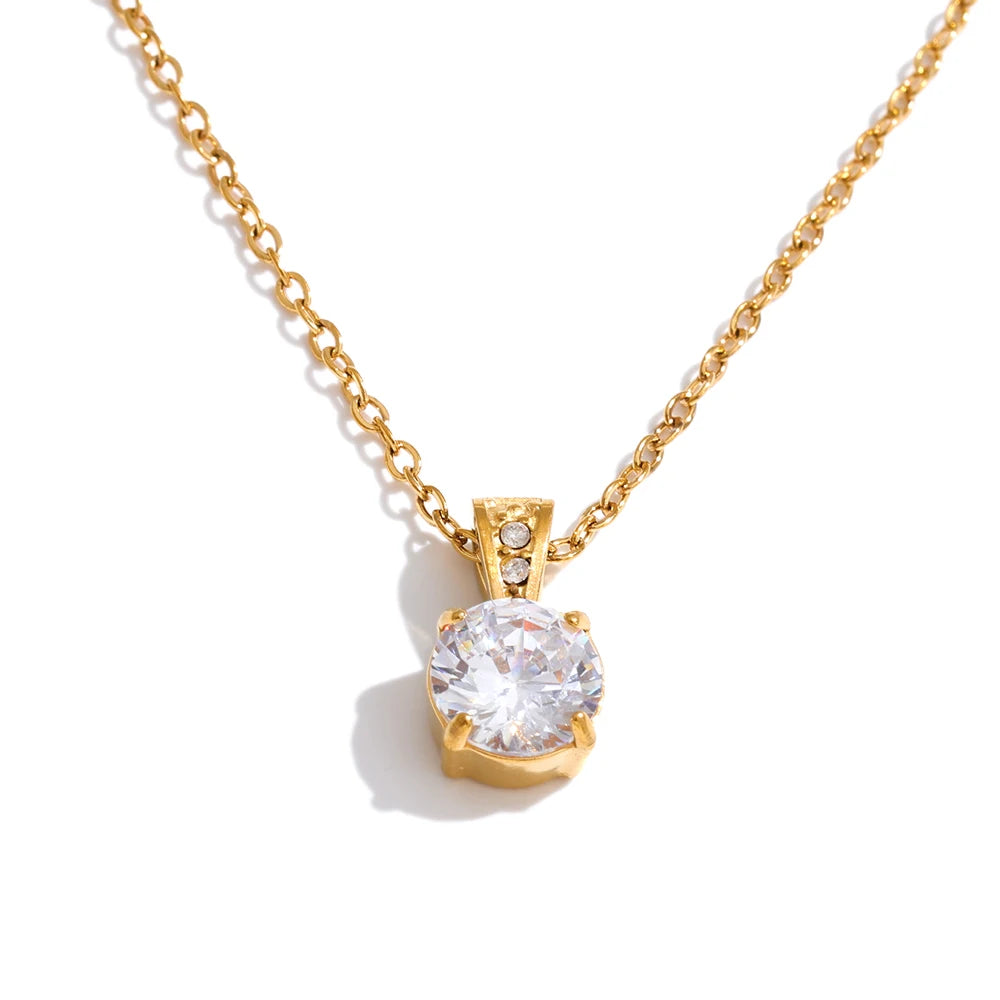 Yhpup Stainless Steel Square Cubic Zirconia Pendant Necklace for Women Korean Style Delicate Popular Daily Bling Jewelry Gift YH4005A Gold