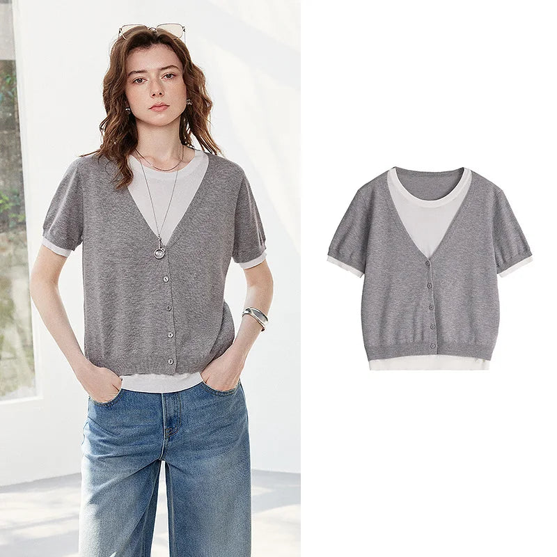 Blusa Feminina de Tricô Color Block Efeito Duas Peças