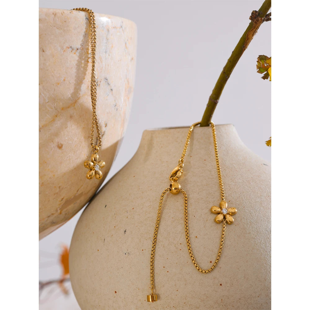 Yhpup Hot Style Stainless Steel Zirconia Flower Pendant Necklace Bracelet Bangle Earrings 18K Plated Golden Versatile Jewelry