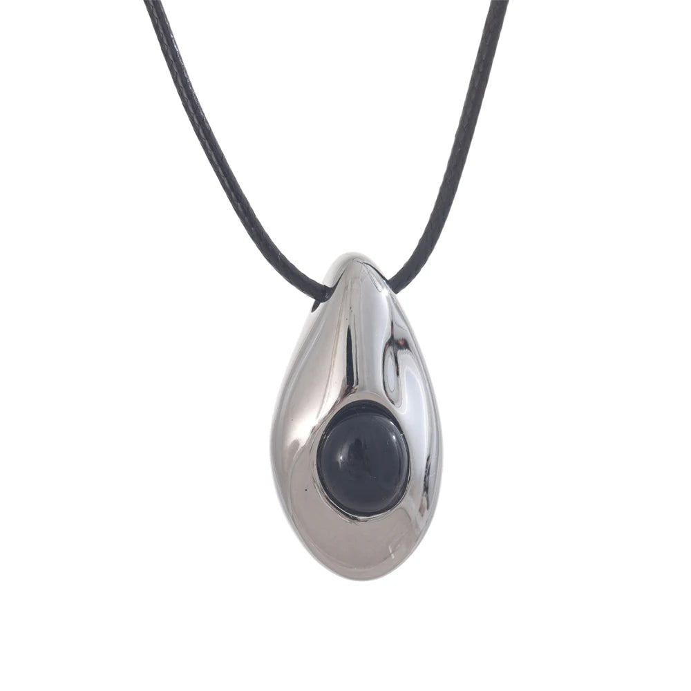 Yhpup Stainless Steel Water Drop Agate Stone Pendant PU Leather Necklace for Women Statement Fashion Jewelry Accessories New YH4178A Steel