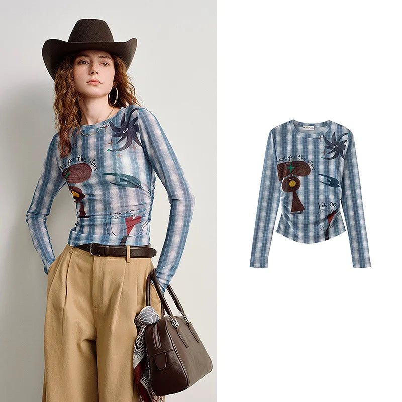 Blusa Feminina de Tule Estampado com Cintura Marcada