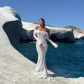 Women's Elegant Lace Up Flared Sleeve Long Dress Fashion Hollow Out Off Shoulder Bodycon Vestidos 2024 Lady New Beach Partywear