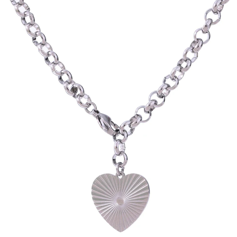 Yhpup Romantic Heart Rose Flower Pendant Necklace Statement Stainless Steel Trendy Necklace 18 K Metal Collar ожерелье Gift YH1497A Steel