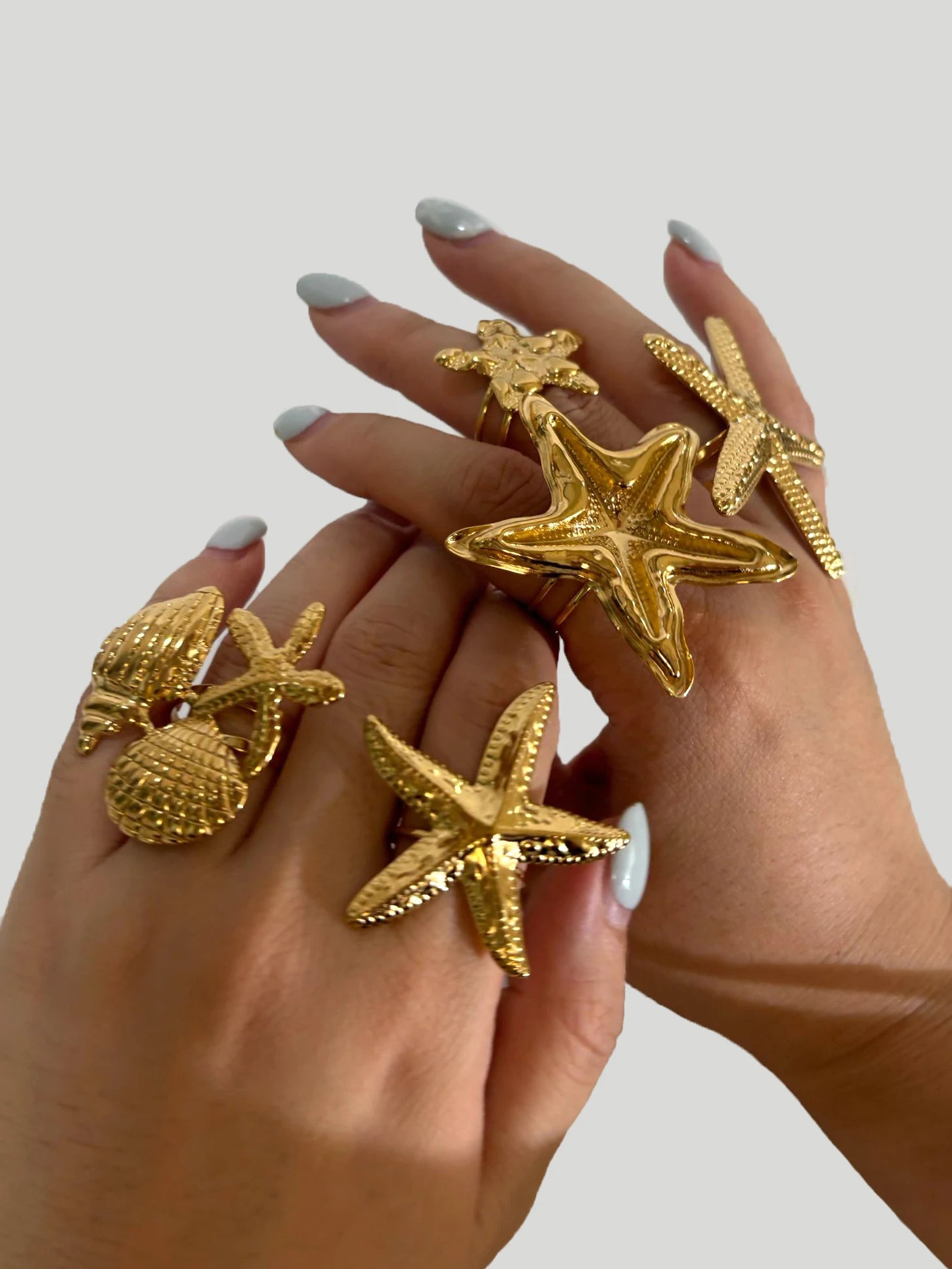 Anel Aberto Estrela-do-Mar e Concha com Banho Ouro 18K