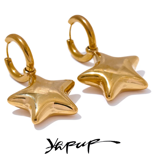 Yhpup Fashion Stainless Steel Star Hollow Thick Drop Hoop Earrings Women 18K Gold Plated Polished Texture Charm Daily Jewelry