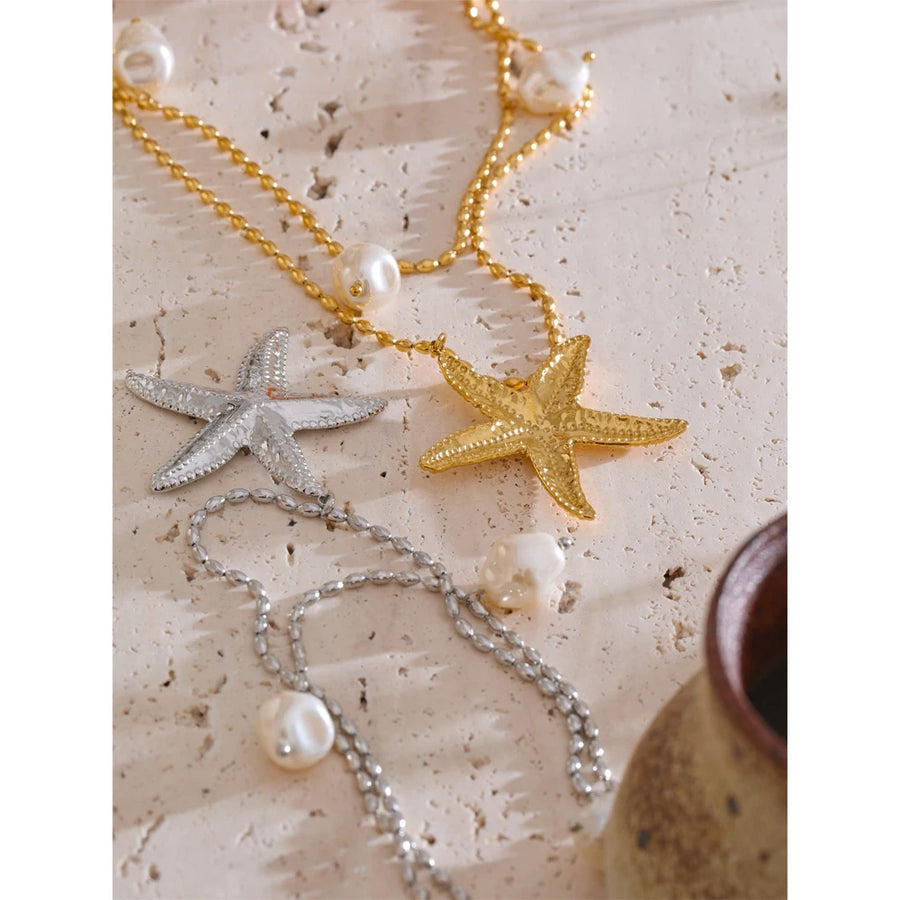 Colar Feminino de Camadas Estrela com Pérola em Aço Inoxidável 2