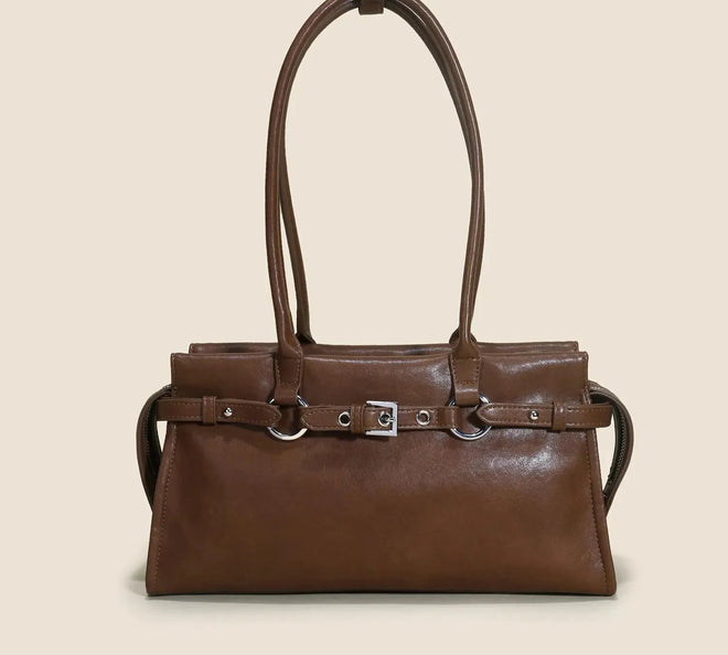Bolsa feminina de couro legítimo vintage estilo baguete para ombro longo
