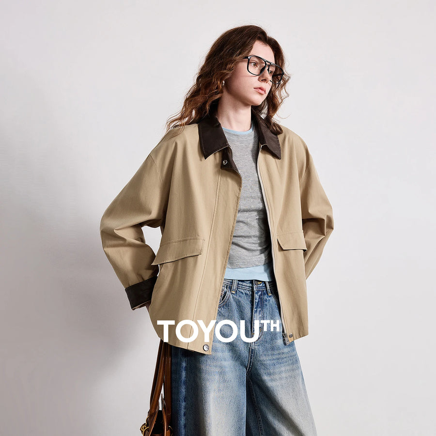Jaqueta Feminina Leve Estilo Barn com Gola Contrastante