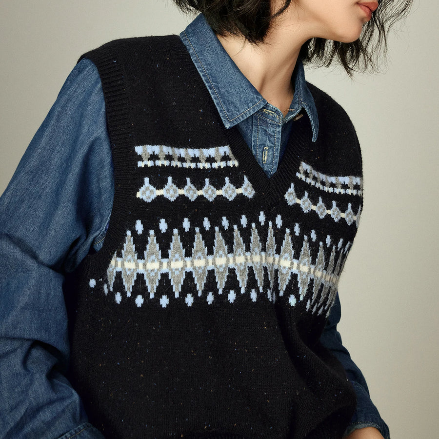 Colete de Tricô Fair Isle com Poás e Decote V