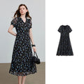 Vestido Midi Floral Preto de Chiffon com Decote V Black