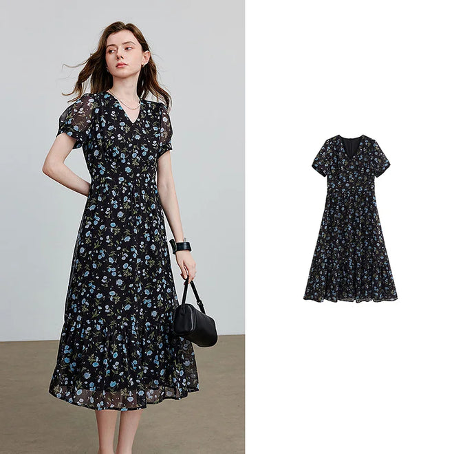 Vestido Midi Floral Preto de Chiffon com Decote V Black