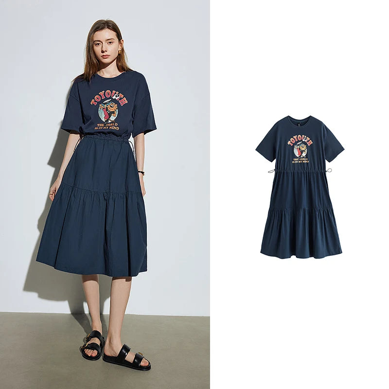 Vestido Camiseta Midi com Estampa e Ajuste por Cordão Dark Blue