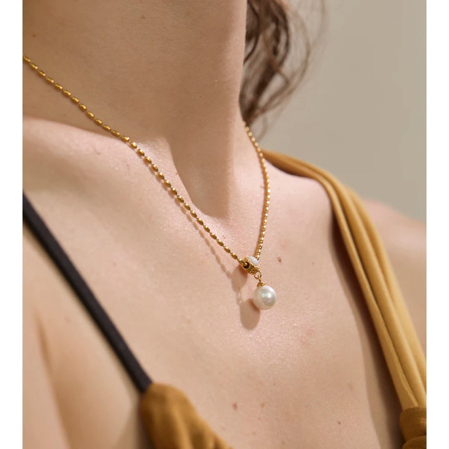 Yhpup New Korean Exquisite Australian Shell Stainless Steel Simulated Pearl Pendant Necklace Daily Versatile Chic Collar Jewelry