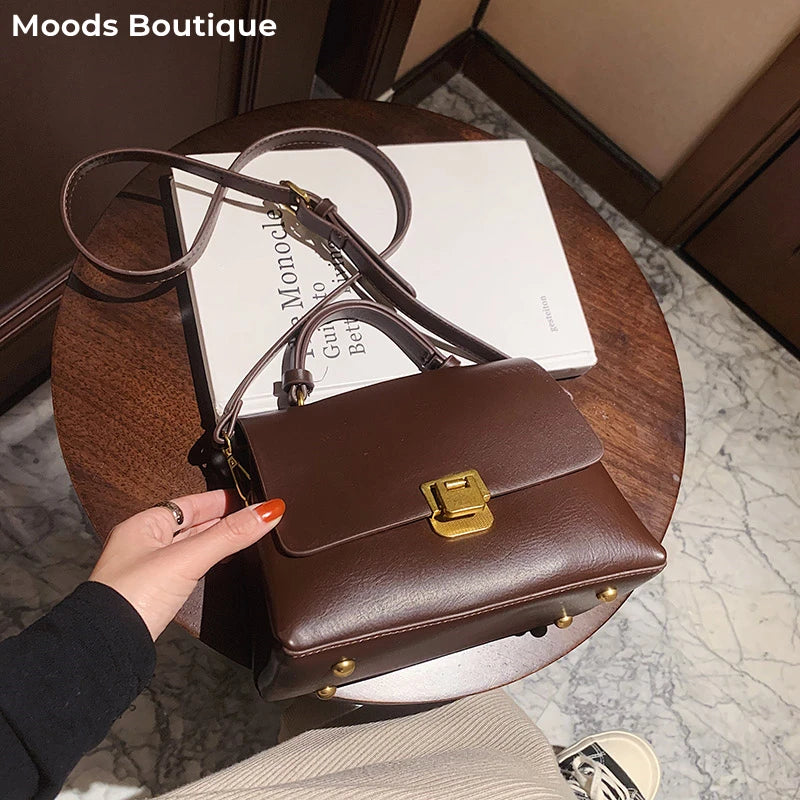 Bolsa Transversal Feminina de Couro PU Vintage com Fecho Dourado