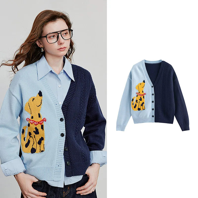 Cardigan Feminino de Tricô Jacquard Cachorro com Decote V