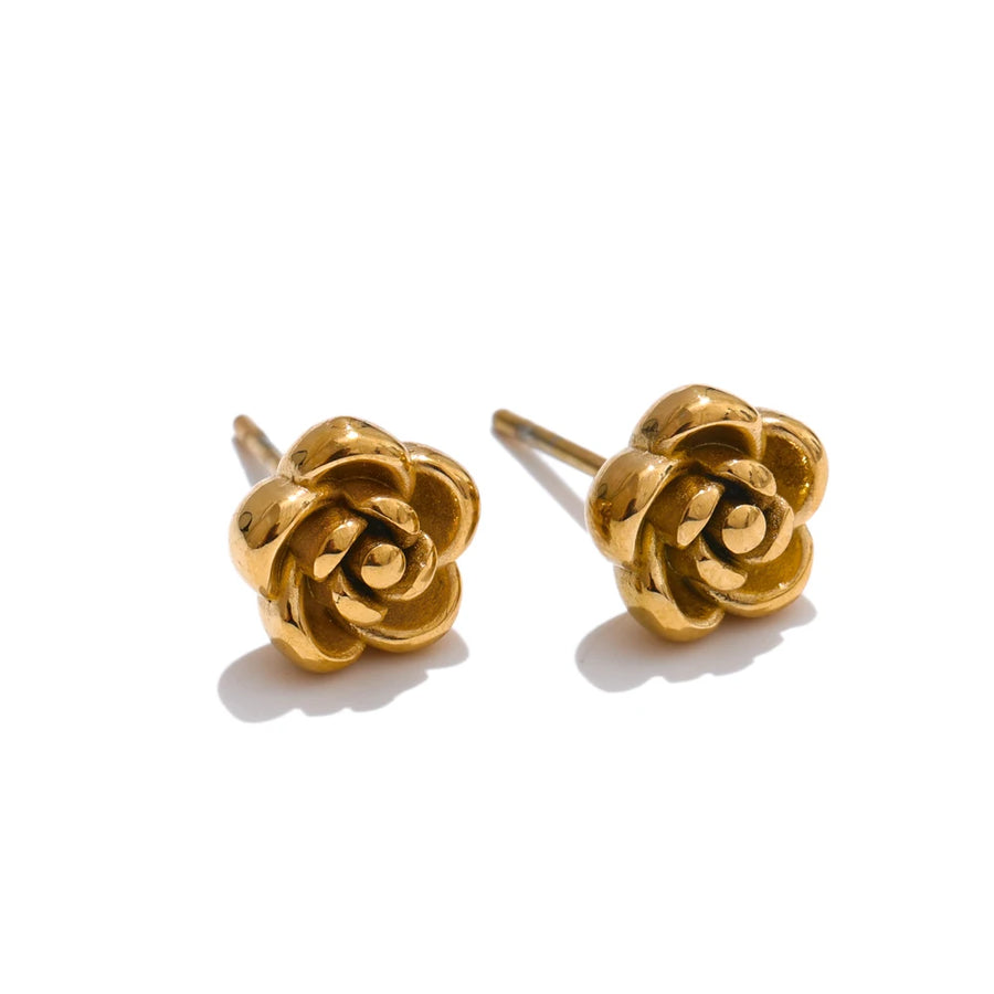 Yhpup Chic Stainless Steel Rose Flower Chain Necklace Bracelet Earrings Set Gold & Platinum PVD Waterproof Plated Daily Jewelry YH5504A G-Earrings