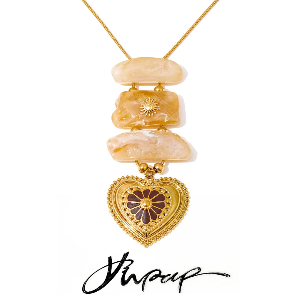 Yhpup Exclusive Resin Imitation Stone Rectangle Heart Pendant Necklace Stainless Steel Fashion Statement Jewelry Waterproof