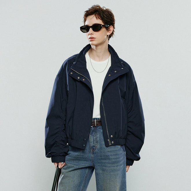 Jaqueta Feminina Acolchoada Azul-Marinho com Gola Alta