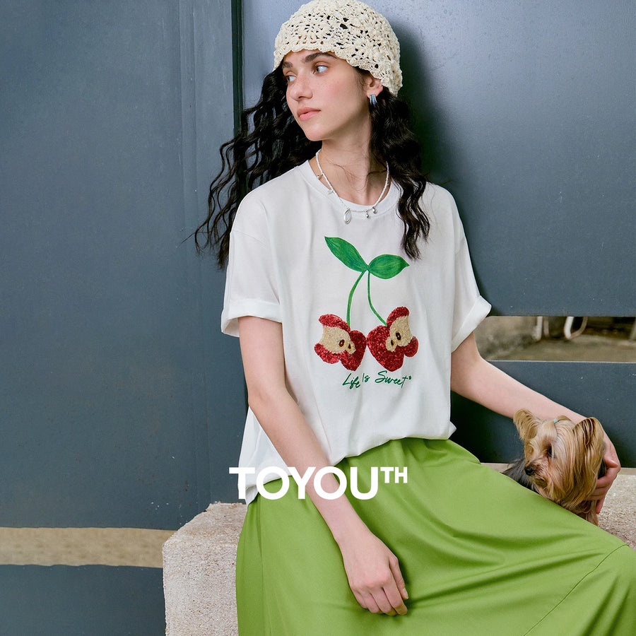 Camiseta Feminina de Liocel Color Block com Bordado Maçã