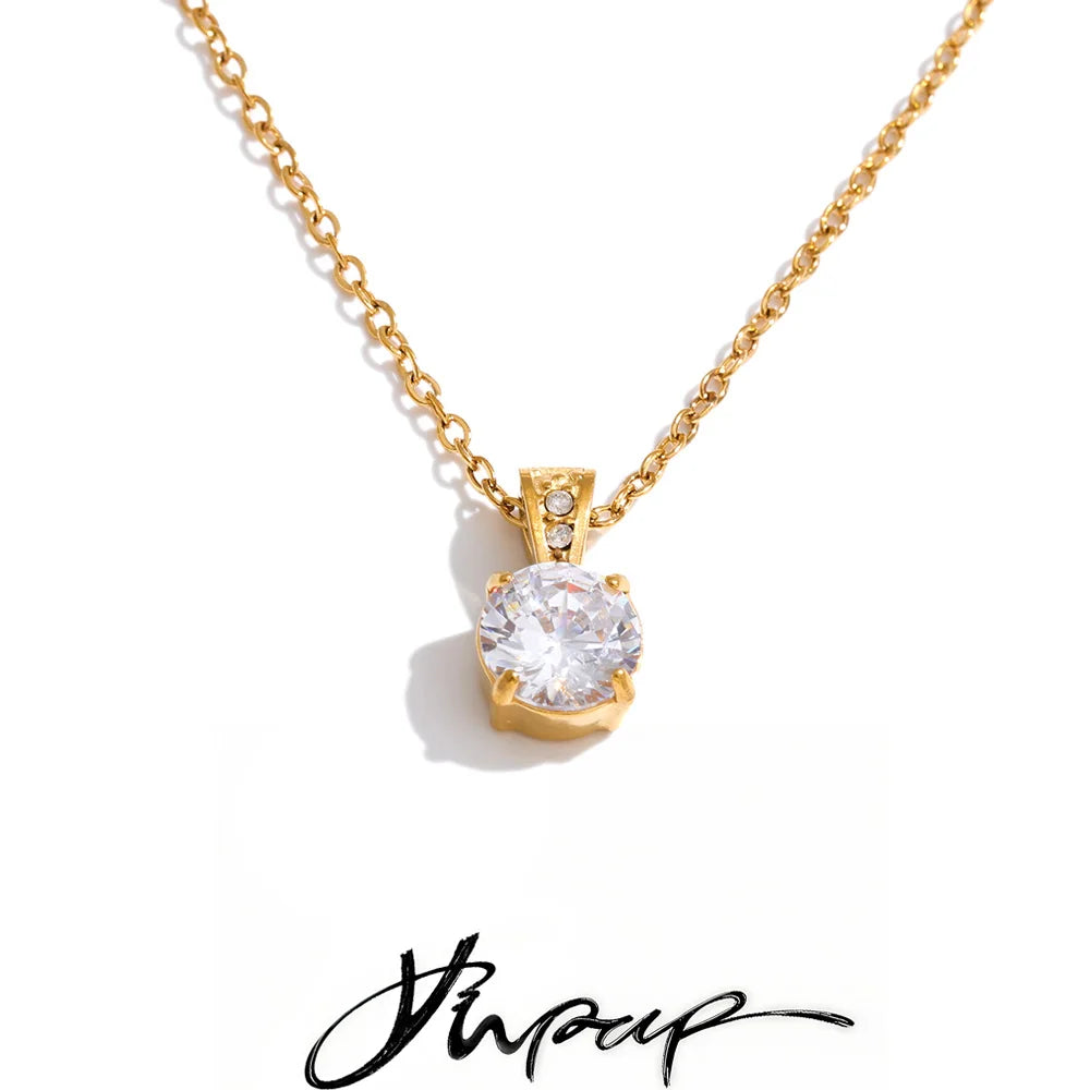 Yhpup Stainless Steel Square Cubic Zirconia Pendant Necklace for Women Korean Style Delicate Popular Daily Bling Jewelry Gift