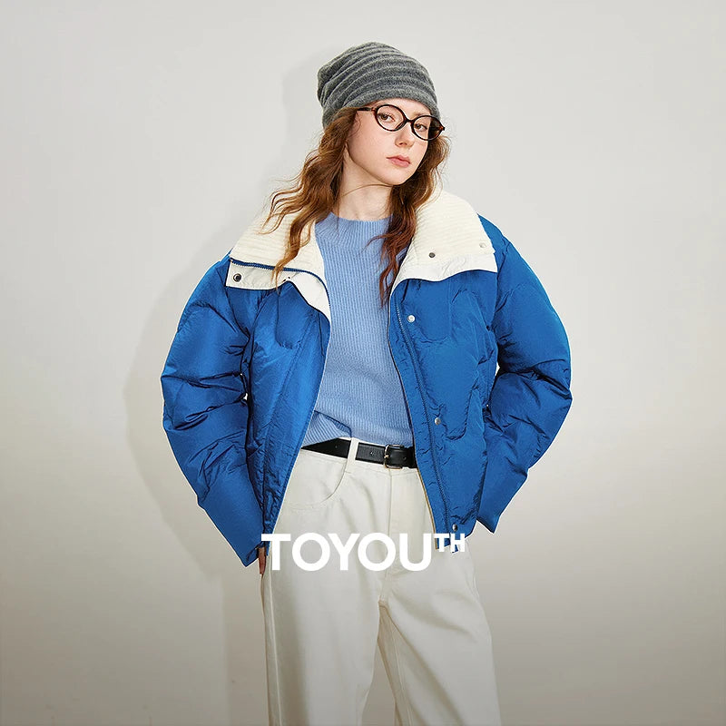 Jaqueta Puffer Feminina Curta 90% Plumas com Gola de Tricô