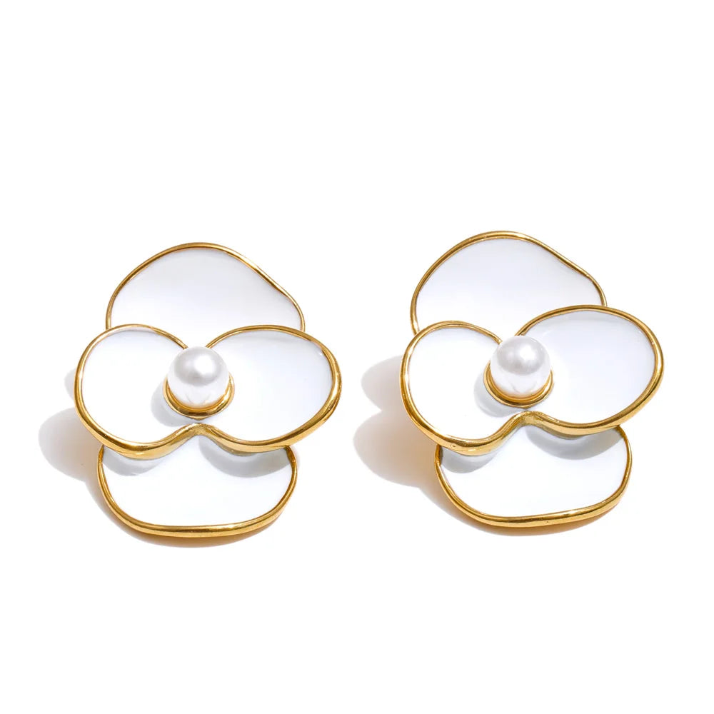 Yhpup White Enamel Pearls Flower Stud Earrings for Women Golden Stainless Steel Daily Fashion Jewelry Recommend Gift