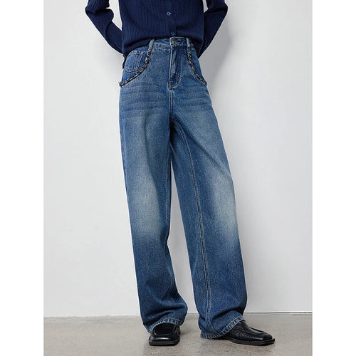 Calça Jeans Feminina Wide Leg Cintura Alta Texturizada