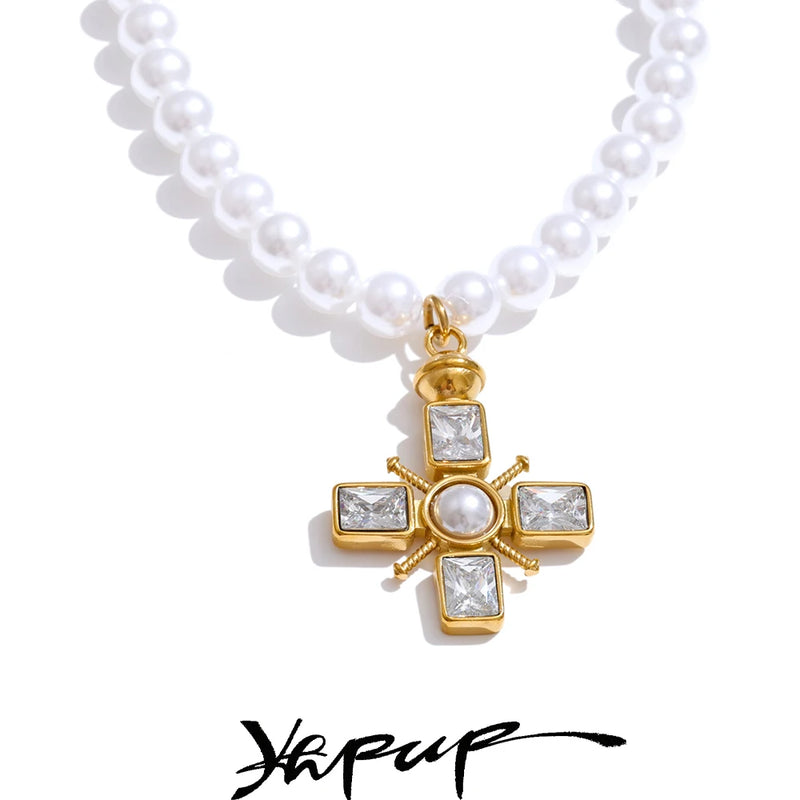 Colar Feminino Cruz com Pérola em Aço Inoxidável 3