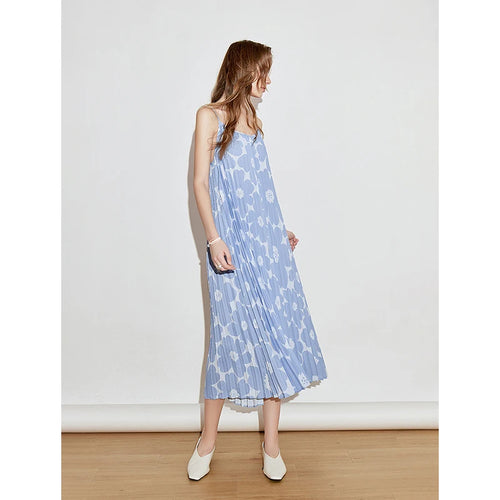 Vestido Midi Estampado de Alças com Pregas